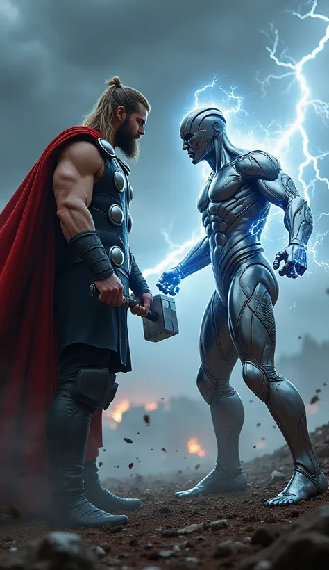 "Create a high-detail image of Thor and the Silver Man facing each other in a standoff, both radiating anger and intensity. Thor wields his mighty hammer Mjölnir, lightning crackling around him, his cape billowing in the stormy wind. The Silver Man, with h...