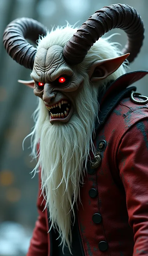 A realistic fantasy-horror movie with a strong focus on contrasts between light and shadow. The scene features a demonic Krampus, depicted in intricate detail with a white, wild beard, glowing red eyes, and twisted horns. His tattered red-grey suit is worn...