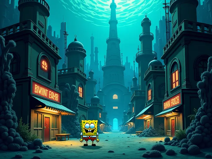 Dark underwater cityscape of Bikini Bottom, spongebob style