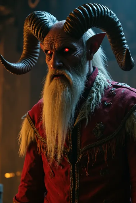 A realistic fantasy-horror movie with a strong focus on contrasts between light and shadow. The scene features a demonic Krampus, depicted in intricate detail with a white, wild beard, glowing red eyes, and twisted horns. His tattered red-grey suit is worn...