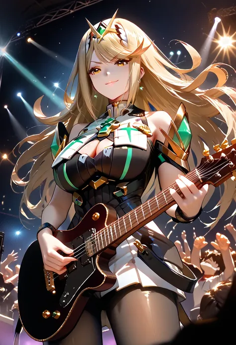 best quality, masterpiece, high resolution, ultra detailed, electric_guitar, playing_instrument,source_furry, rating_safe, 1girl, cowboy shot, BREAK mythra (xenoblade), 1girl, yellow eyes, swept bangs, long hair, very long hair, blonde hair, headpiece, tia...