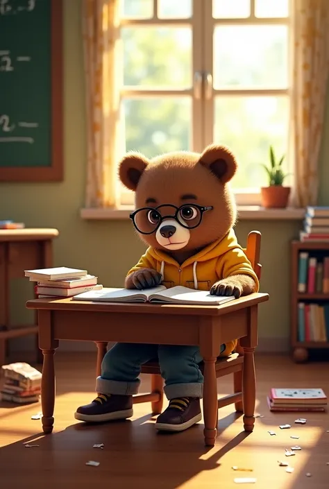 {
  "prompt": "A small bear cub wearing casual clothes and glasses sits at a wooden desk in a cozy room filled with books and a chalkboard. The bear cub is studying math diligently, with open notebooks and math equations scattered on the desk. Warm sunligh...