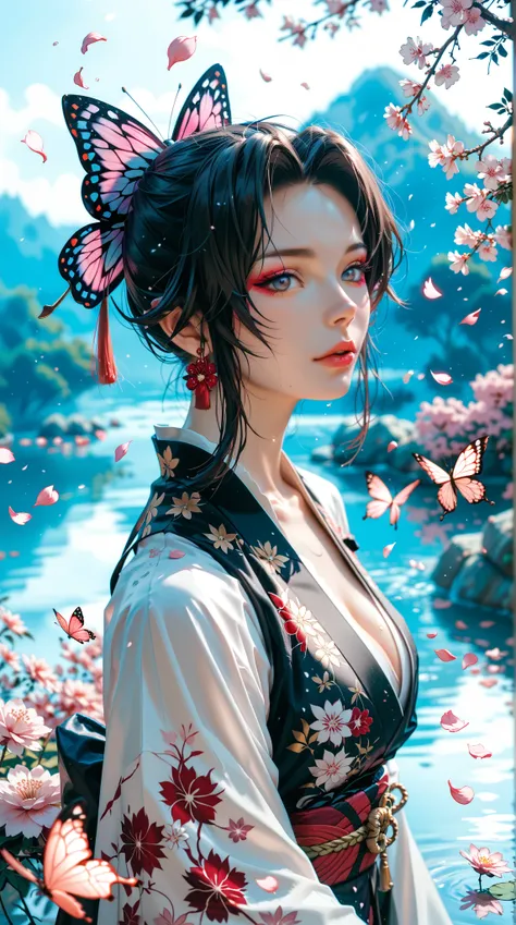 Kocho Shinobu extremely detailed and high resolution masterpiece, Dynamic action of the beautiful yet deadly Demon Slayer. Emphasizing the intricate details of her butterfly-themed outfit and the fierce expression on her face. Set the scene at dusk, Set ag...