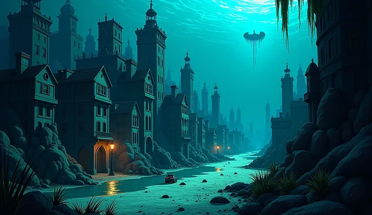 Dark underwater cityscape of Bikini Bottom, spongebob universe 