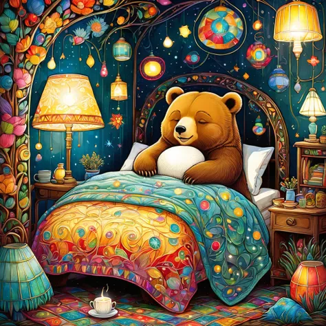  cute illustration,underground:Bearden  :Close-up portrait of a woman wearing ,Family of bears :animal:Hibernation: cute:Nestle: is sleeping:Comfortable and warm: seems happy, illustration,,colorfulに,Draw with thick lines,color,dim,Lamp light,HibernationのF...