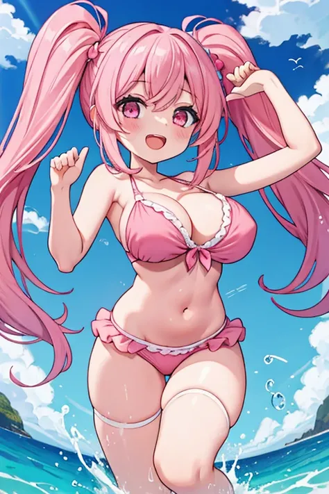 1 girl, best quality, masterpiece, ultra high res, cute, pink bikini, navel, midriff, gigantic breasts, long hair, twintail, beach, smile, open mouth,