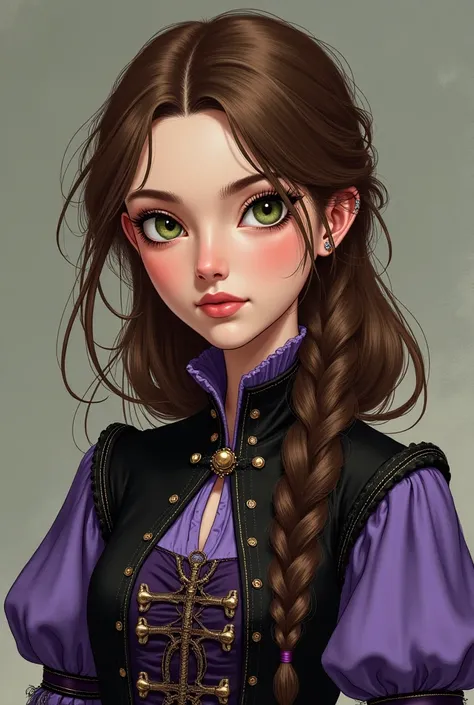  Brown-haired girl , green eyes of elegant medieval clothing in purple and black, drawn style 