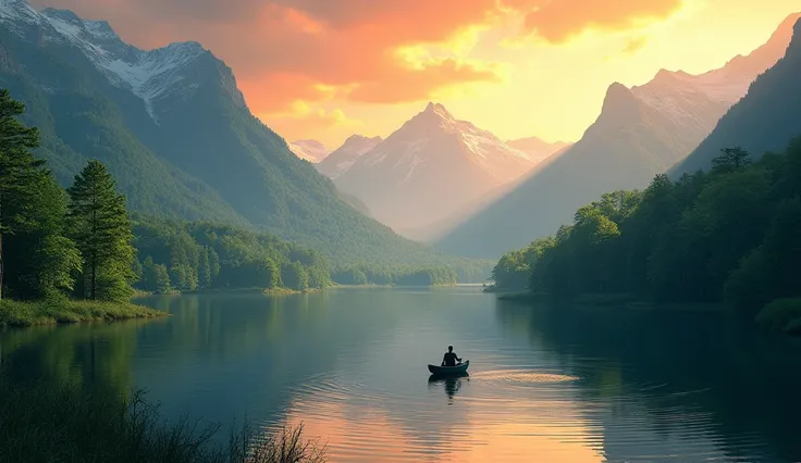 a forest landscape with lush green vegetation,  and a lake down below the mountains where we see the silhouettes of a man fishing in a boat with 2 s at sunset ultra realistic 8k professional photo masterpiece eye-catching vivid colors 