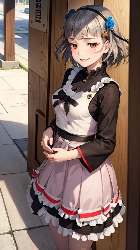 (((solo))), 1 woman, Sakuya Kurobane, sakuyaunif, kurobane_sakuya, (brown eyes), short hair, grey hair, black hairband, blue hair flower, red eyeliner, blush, smile, beautiful chest, middle chest, upper body, japanese shrine, japanese miko