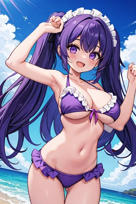 1 girl, best quality, masterpiece, ultra high res, cute, purple bikini, frilled bikini, navel, midriff, gigantic breasts, long hair, twintail, beach, smile, open mouth,