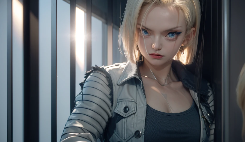 Create a hyper-realistic and highly detailed image of Android 18 from Dragon Ball Z. She stands confidently in front of a wall with horizontal bars, giving the scene an impression of confinement or a private space. Android 18 has short, platinum blonde hai...