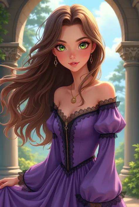  Brown-haired girl , green eyes of elegant medieval clothing in purple and black, anime cartoon style