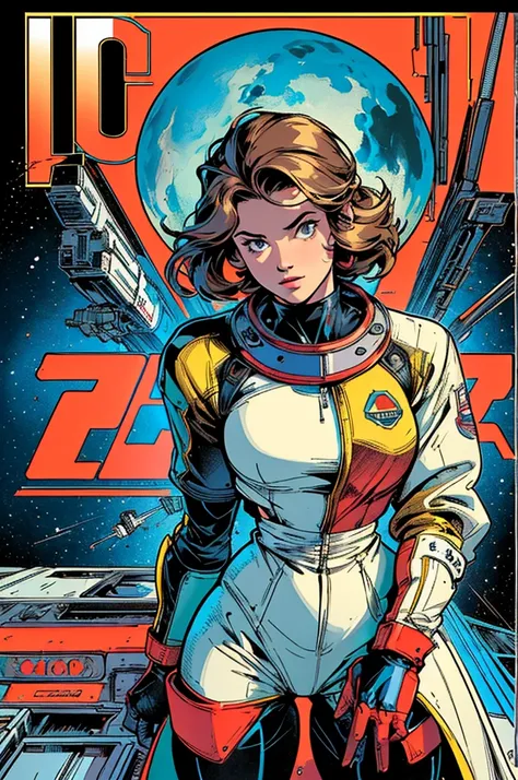 (((Top Quality Masterpiece ))),(((solo:1.2))),((( 1 woman :1.2))), 32K Highly Detailed Wallpaper , Retro Vintage Style ,(dynamic Angles),(((Overwhelming highlights))),((most complex machine)), American comics with a very flashy color scheme,80s space thril...