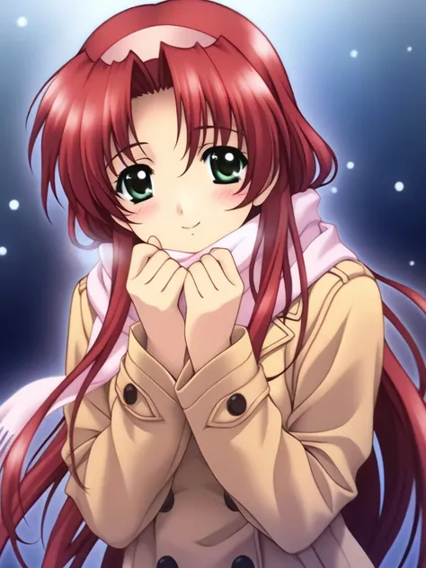 masterpiece, best quality, SetoAyano, 1girl, solo, long hair, red hair, green eyes, breasts, smile, blush, hairband, smile, happy, blush, Trench Coat and Scarf, Cute and warm clothes, cold winter night, cinematic angle,