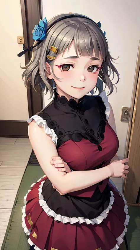 (((solo))), 1 woman, Sakuya Kurobane, sakuyaunif, kurobane_sakuya, (brown eyes), short hair, grey hair, black hairband, blue hair flower, red eyeliner, blush, smile, beautiful chest, middle chest, upper body, japanese shrine, japanese miko