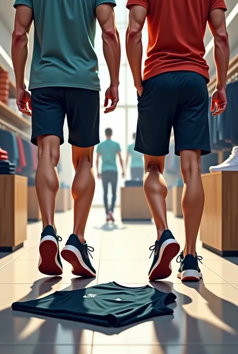 Dans un magasin de mode, deux jeunes hommes sportifs, de dos, en Nike air Max 90, marchent et piétinent et écrasent un tee-shirt jeté par terre sous leurs pieds. Les pieds sur le tee-shirt. 