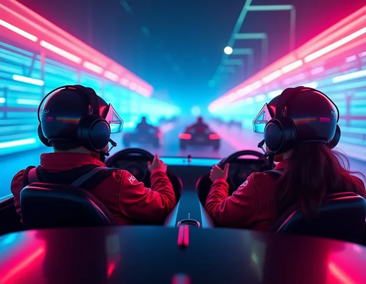  Racers driving in front of a screen with headphones,  without helmets, neon style , Togliatti 