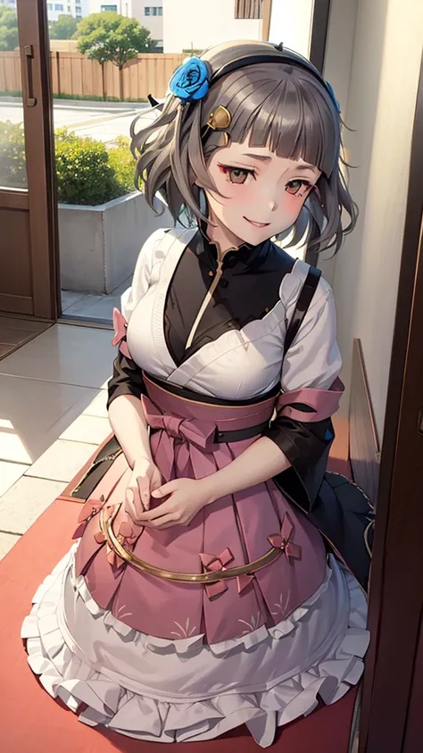 (((solo))), 1 woman, Sakuya Kurobane, sakuyaunif, kurobane_sakuya, (brown eyes), short hair, grey hair, black hairband, blue hair flower, red eyeliner, blush, smile, beautiful chest, middle chest, upper body, japanese shrine, japanese miko