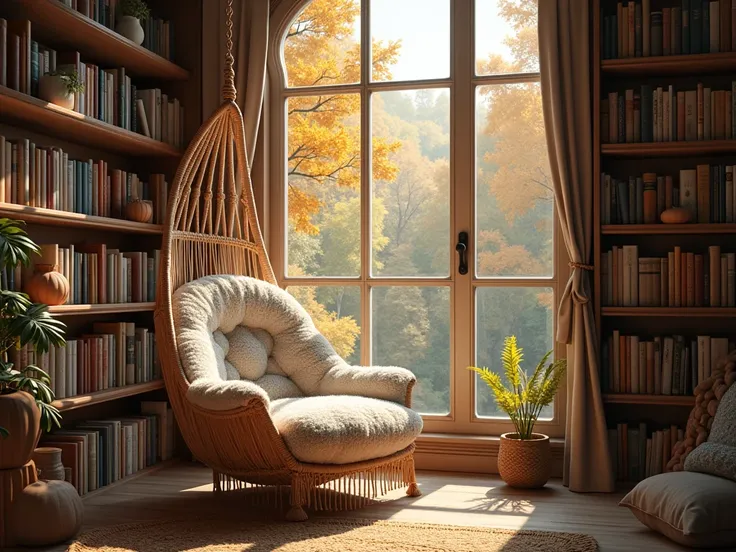 A cozy reading nook with a macrame hanging chair, a bookshelf full of books with autumn forest view outside window