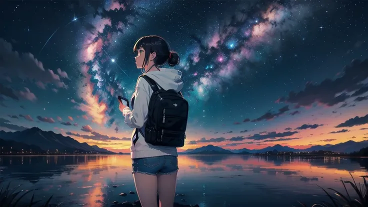 masterpiece, 8k, Girl Standing on a Salt Lake ,  the lake is a mirror reflecting the stars  ,  fantasy ,  detailed background , A woman drawn down to the smallest detail ,  anime girl watching the sky, 星の光が bright  , 瞬く starry sky ,  there are many stars i...