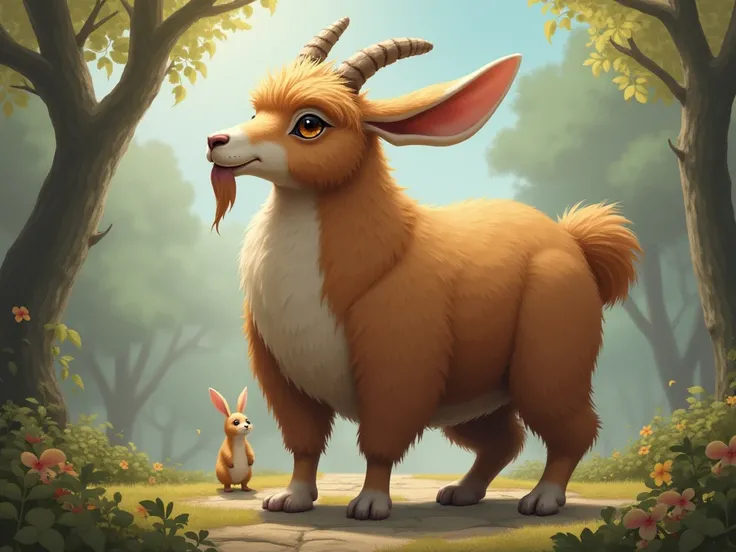  the fusion of an alpaca , a rabbit and a goat ,  the combination is somewhat comical in a fantasy world, The ears are long but hang ,  in warm brown with a long neck and are large 