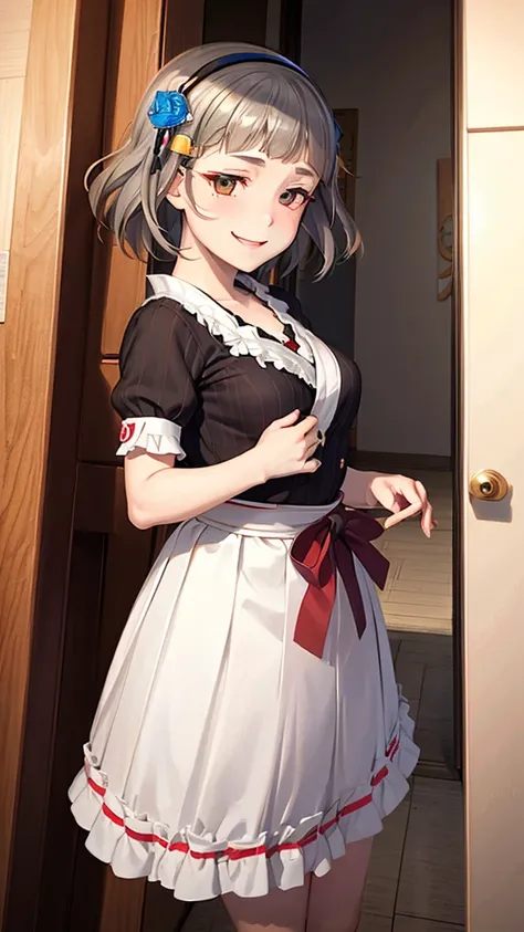 (((solo))), 1 woman, Sakuya Kurobane, sakuyaunif, kurobane_sakuya, (brown eyes), short hair, grey hair, black hairband, blue hair flower, red eyeliner, blush, smile, beautiful chest, middle chest, upper body, japanese shrine, japanese miko