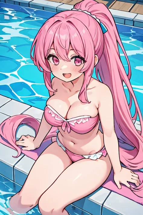 1 girl, best quality, masterpiece, ultra high res, cute, pink bikini, strapless bikini, navel, midriff, gigantic breasts, long hair, ponytail, sitting, pool, smile, open mouth,