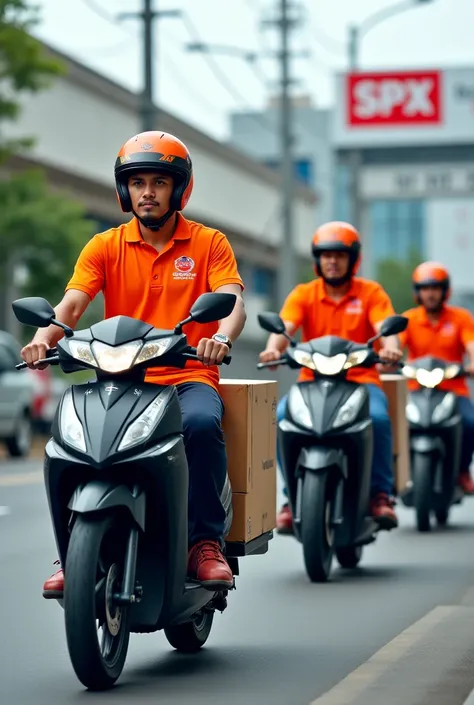 three people were riding motorbikes, wearing orange shirts with the SPX logo delivering packages.
Behind them there is a big logo that says SPX Gedangan Malang HUB