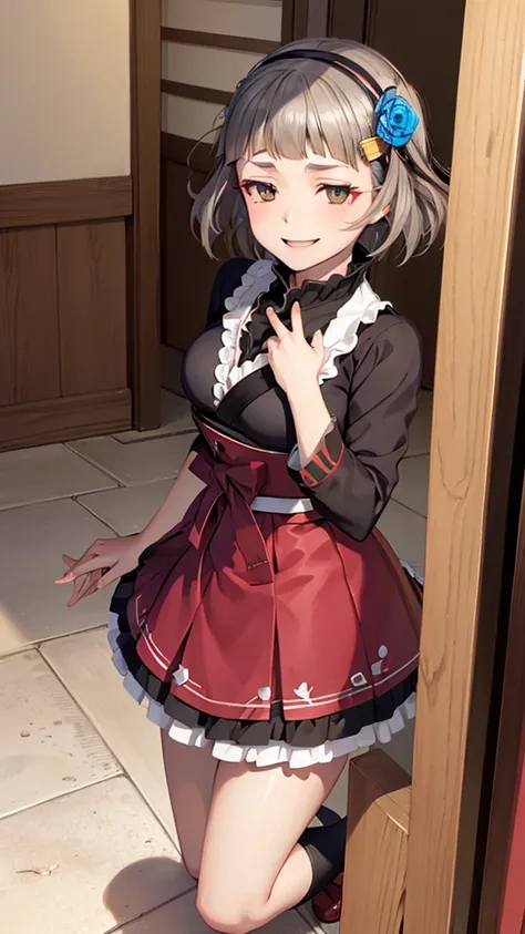 (((solo))), 1 woman, Sakuya Kurobane, sakuyaunif, kurobane_sakuya, (brown eyes), short hair, grey hair, black hairband, blue hair flower, red eyeliner, blush, smile, beautiful chest, middle chest, upper body, japanese shrine, japanese miko