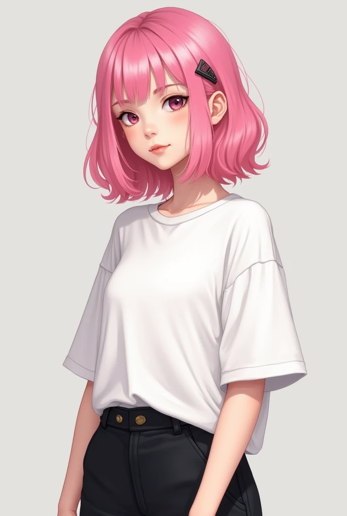 A white teen girl with white tshirt black halfpant with pink hair with medium figure