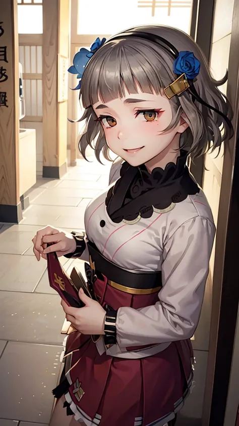 (((solo))), 1 woman, Sakuya Kurobane, sakuyaunif, kurobane_sakuya, (brown eyes), short hair, grey hair, black hairband, blue hair flower, red eyeliner, blush, smile, beautiful chest, middle chest, upper body, japanese shrine, japanese miko