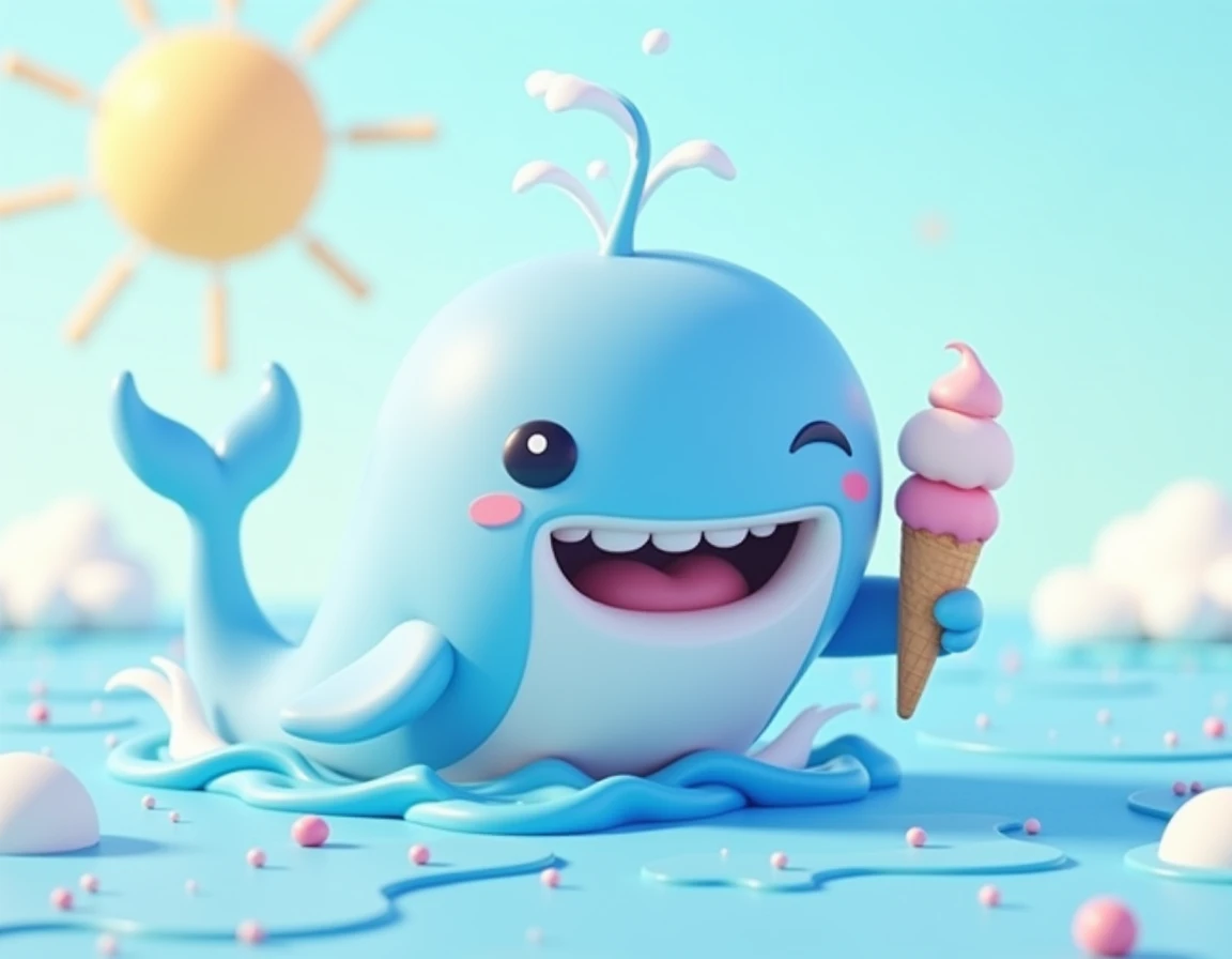 A funny 3D cartoon-style whale, bright blue color, with a big cheerful smile, holding an ice cream cone in one of its fins, playful and whimsical design, smooth and glossy textures, vibrant pastel colors, floating in a sunny ocean scene, stylized water spl...