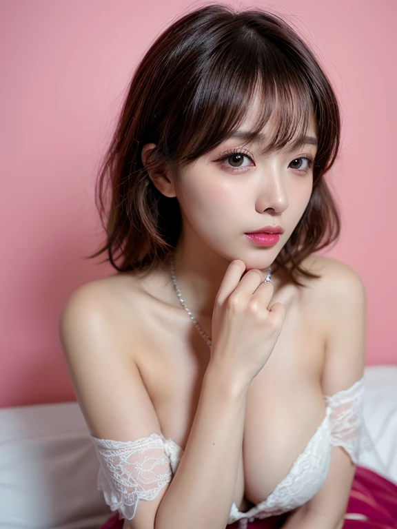 Canon RF85mmf/1.2,masterpiece,highest quality,Ultra-high resolution,VC,1 girl,(Korean mixed race,K-Pop Idols:1.2),alone,white_Shiny_skin,Iris,necklace,((Brown_length_Wavy_hair)),((pink_Shiny_lips)),eyelash,前hair,make,compensate,Shiny,pore,skin texture,brac...