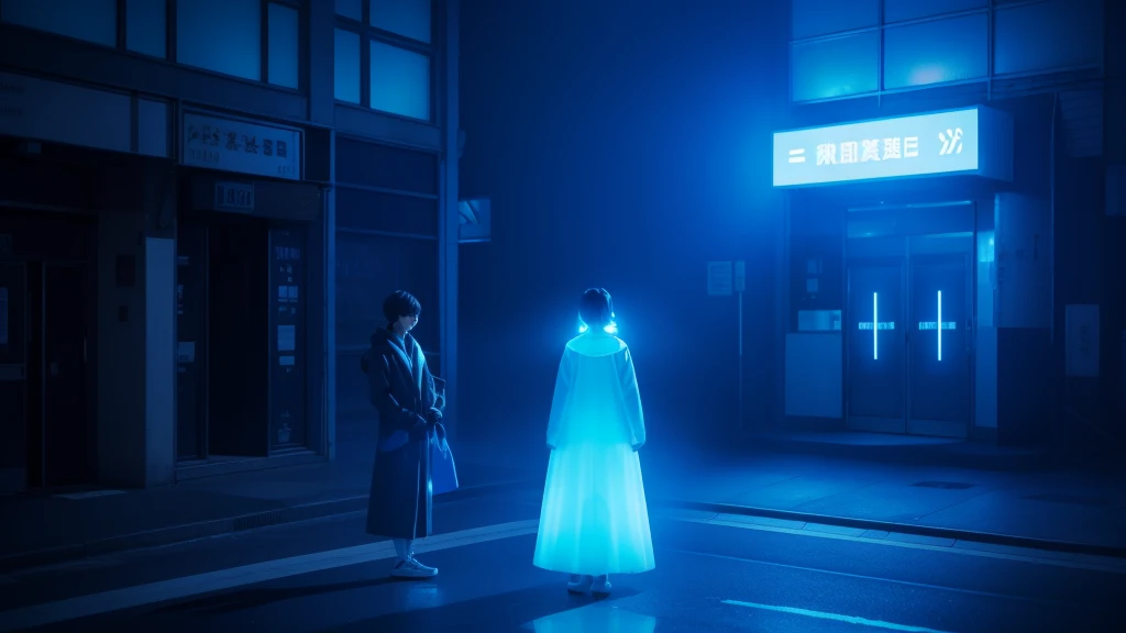  Two people are standing in front of a building with a blue light, Hologram by Uesaka Sekka ,  pixib, holography,  footage, , video game ,  movie-like hologram ,  monster, ( ( Makoto Shinkai ) ), 2030,  voluminous soft glowing fog 