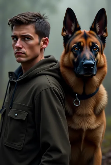 man with his short haired German shepherd dog light brown eyes standing ears looking straight ahead