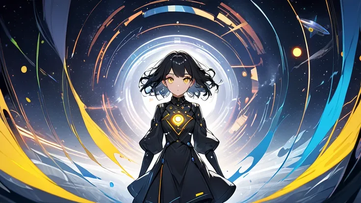 from future intelligence, technology background, complex mystery, unexpected variables, sudden result, strange things, transient waves, light fog, colorful signals, confident look, space black pioneer dress, yellow eyes, black hair
