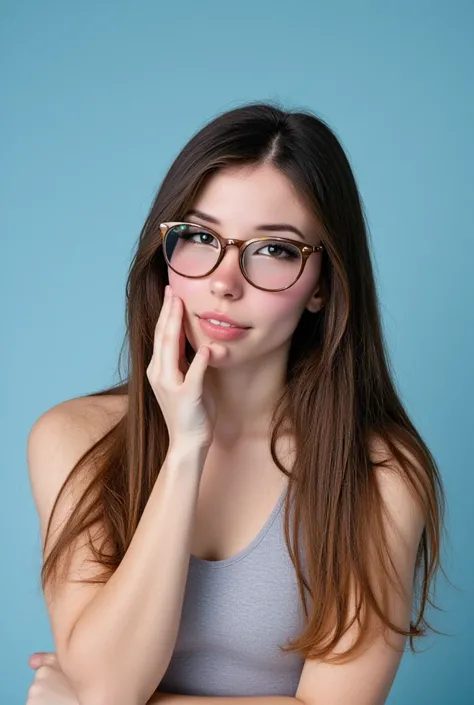 , glasses, Alone,  long hair,  looking at the spectator, blue background,  brown hair ,  simple background,  Closed mouth ,  upper body,