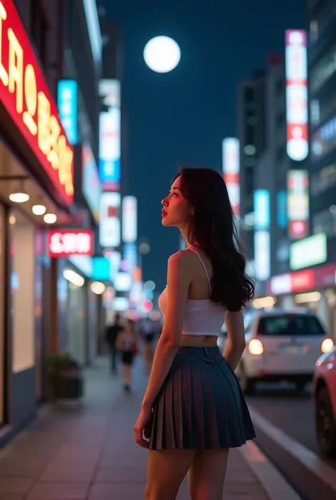  Photo of a beautiful beautiful Asian woman  ,   Seoul city scene Korea ,  night scene in Seoul ,  the woman is walking along the sidewalk in Seoul ,  the commercial stores in Seoul are open and well illuminated neon,  the woman is looking at the moon , ta...