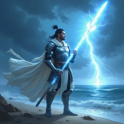  A breathtaking digital illustration ,  depicting a robust and athletic Japanese warrior in a dynamic and confident pose .  He holds firmly a long spear wrapped in bright blue energy ,  that emits sparks and white lightning ,  illuminating the scene with a...