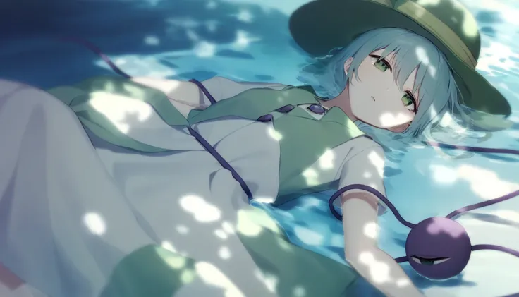 Koishi Komeiji　White clothes　 blue third eye　 lying on back 　 beautiful　light blue water 