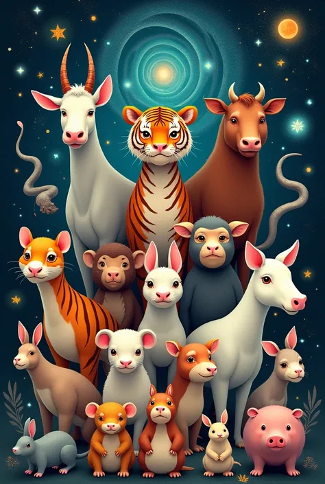 Image Design Rats, Cows, Tigers, Rabbits, Big Snakes, Small Snakes, Horses, Goats, Monkeys, Chickens, Dogs, Pigs
1 each in one image, stars, galaxies.