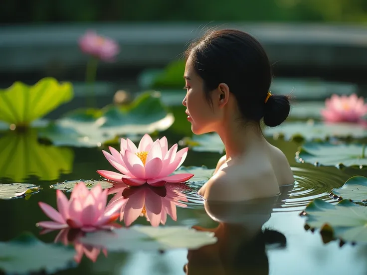 Movie Footage of 1 Thai girl playing naked in lotus pond, water level is about waist 4K. Model is swimming in pool to see lilies, pink lilies, flowers blooming by the pool, with other lotus flowers as background, beautiful green lily leaves, morning sun sh...