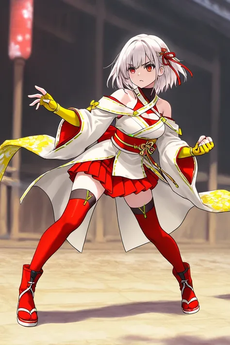 「mastery,  1 girl fights,  high quality  ,hair ribbon,   hair ornament  ,   fingerless gloves , yellow gloves,  kimono ,   long sleeves, wide sleeves,  Separate sleeves,  bare shoulders are visible , neck clothing line , cutout,  bright skirt ,   pleated s...