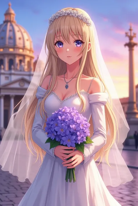 Adult Italian girl,  with long straight and light blonde hair with cold tones ,  purplish blue eyes ,   white skin and full and reddish lips , face shape with thin chin ,  slightly marked cheekbones ,  similar to Isaku Senagaki ,  with a white wedding dres...