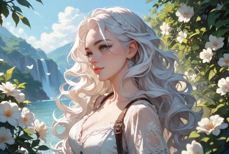 An anime girl with long wavy white hair and wears. black 