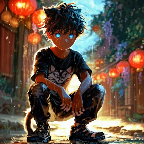 A boy with a messy hair and stoic expression with cat eyes shaped colored pale blue. Wearing black tshirt, black simple pants, and a black sandals.