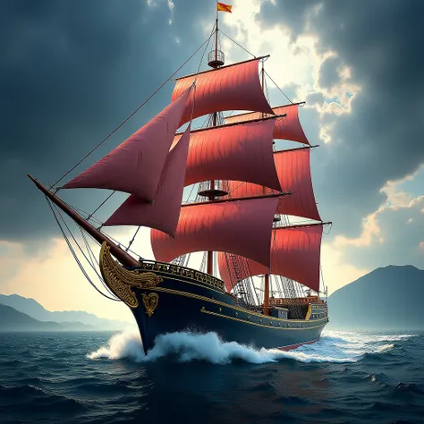  This is an image of a ship majestic with red and white sails ,  decorated with intricate gold details .  It displays a classic and ornate design , with the elegantly curved bow ,  adorned with patterns that refer to Greek or Roman styles .  The hull is de...