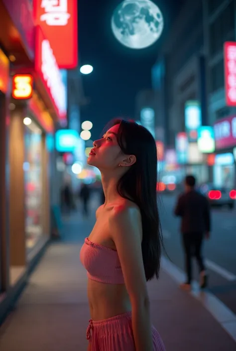  Photo of a beautiful beautiful Asian woman  ,   Seoul city scene Korea ,  night scene in Seoul ,  the woman is walking along the sidewalk in Seoul ,  the commercial stores in Seoul are open and well illuminated neon,  the woman is looking at the moon , ta...