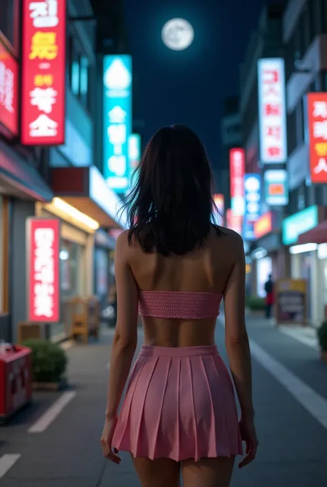  Photo of a beautiful beautiful Asian woman  ,   Seoul city scene Korea ,  night scene in Seoul ,  the woman is walking along the sidewalk in Seoul ,  the commercial stores in Seoul are open and well illuminated neon,  the woman is looking at the moon , ta...