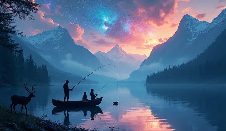 the silhouettes of a young girl with long hair is fishing in a boat with her father on a lake surrounded by lush green forest mountains , with deers on the beach looking at them, colorful nebula in the background sky, eye-catching vivid colors masterpiece 